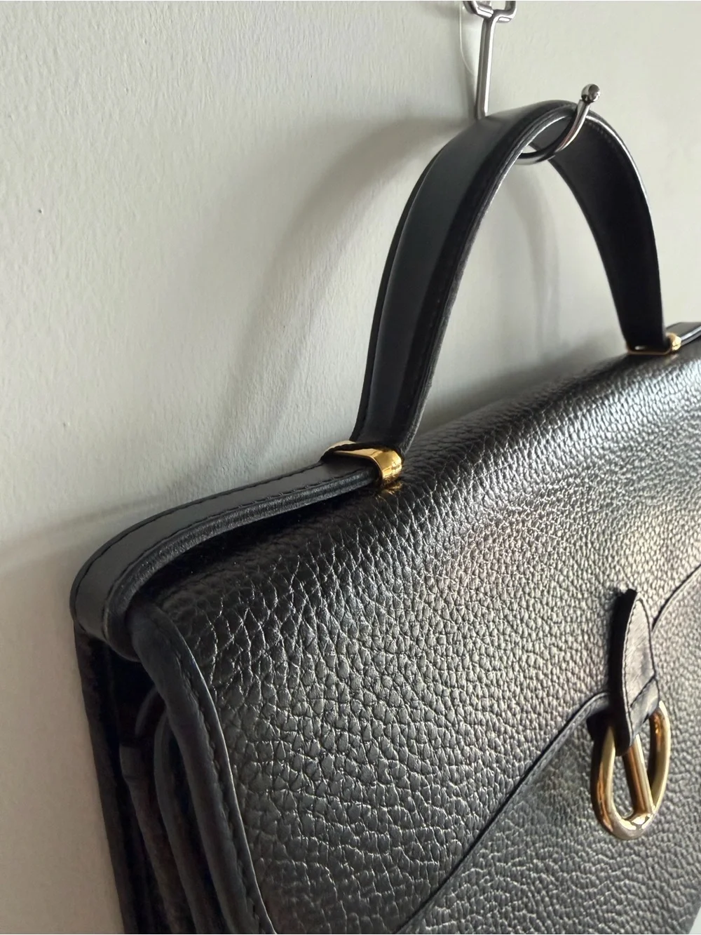 Vintage Dior Black Pebbled Leather Top-Handle Satchel with Gold Ring